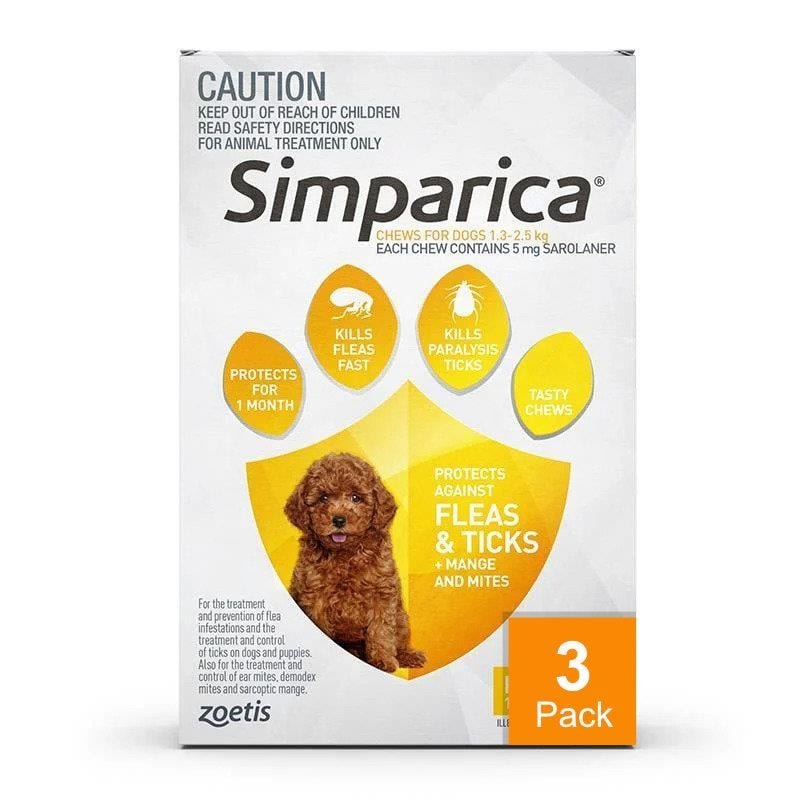Simparica for Dogs - Yellow 3 Pack</br> <strong> (2.8-5.5 lbs) (1.3-2.5 kg) </strong>