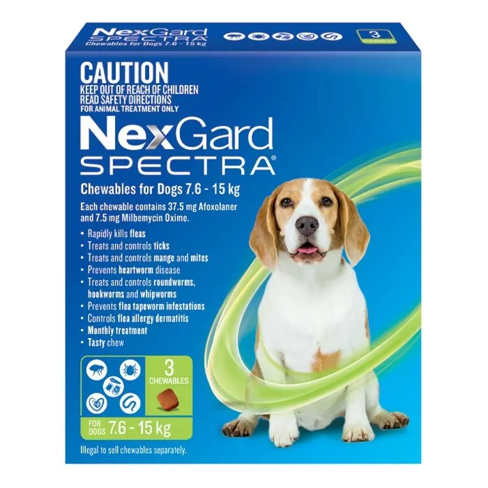 Nexgard Spectra for Medium Dogs - Green Pack </br> <strong>(16 - 33 lbs) (7.5 - 15 kg) </strong>